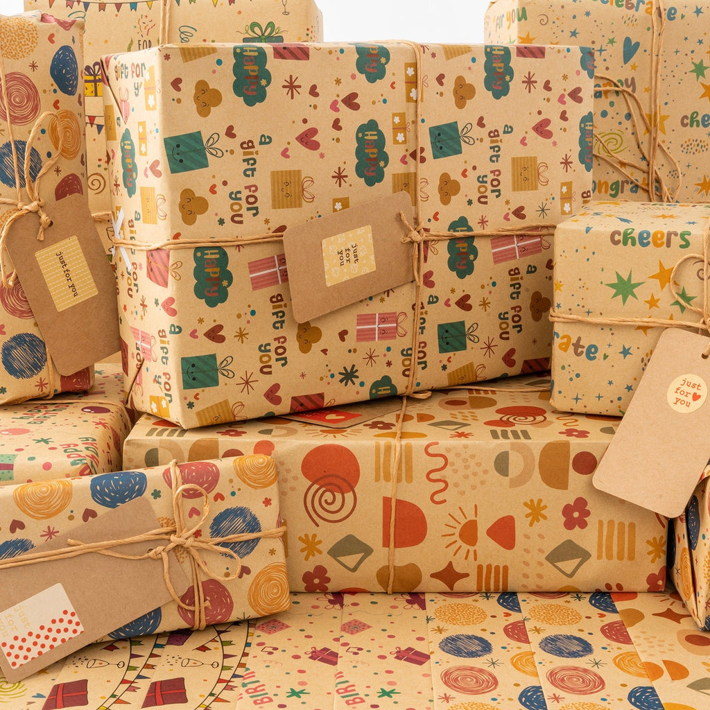 Gift Wrapping Kit with Gift Wrap, String, Tape Roll, Tags, and Stickers - Vintage Candy Co.